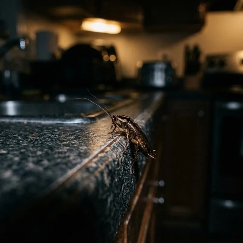 Close-up of a cockroach found during a PMI kitchen inspection