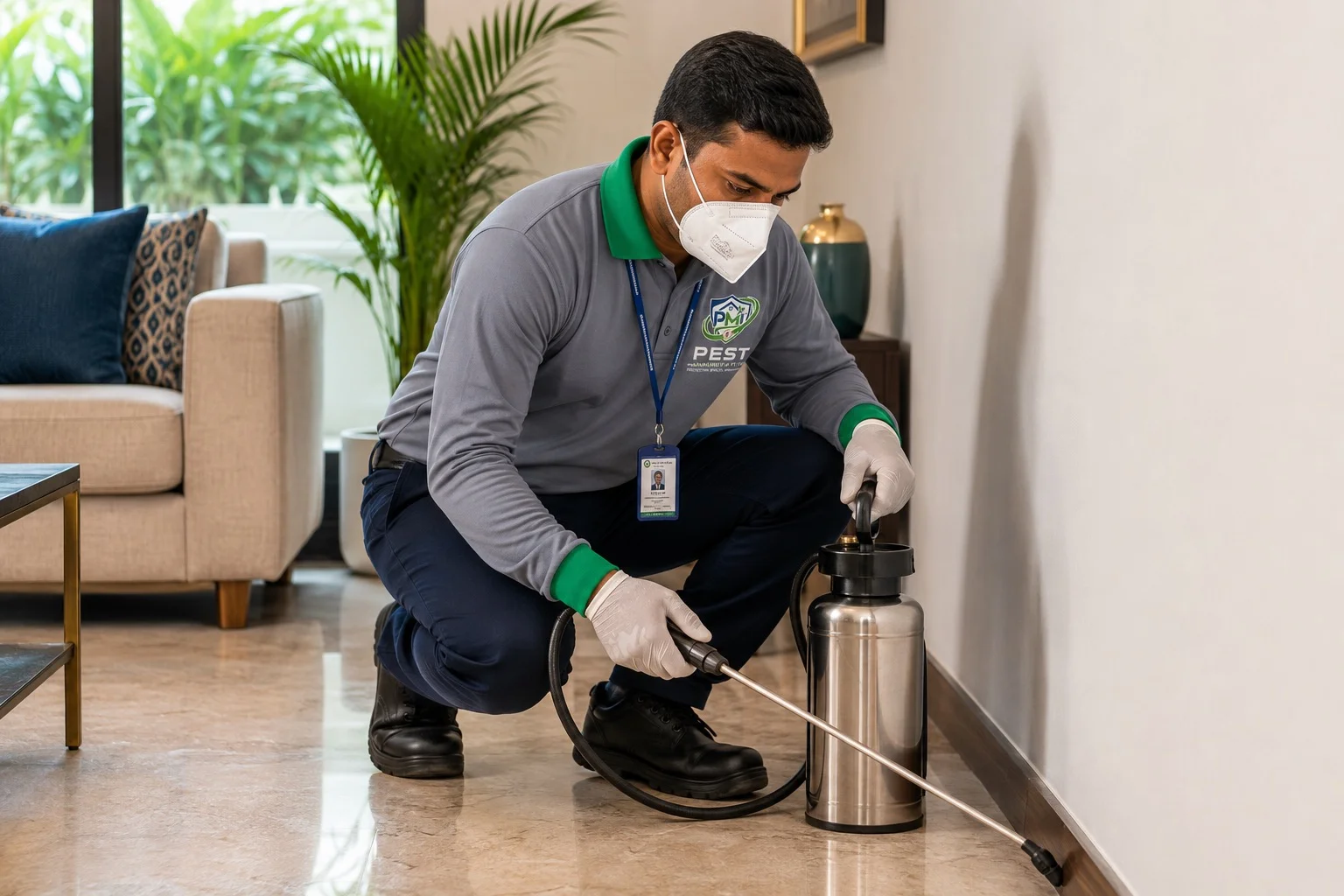 PMI technician applying a residual spray treatment along a living room skirting