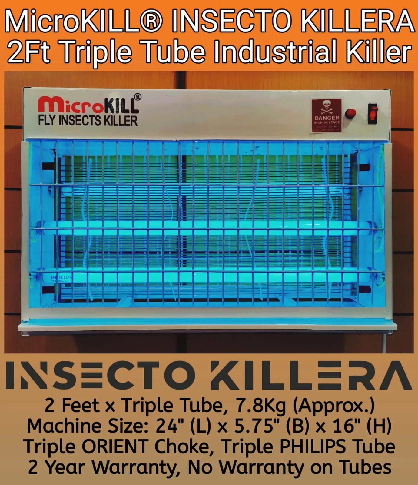 2 Ft triple tube industrial insect killer, wall mounted with UV tubes lit