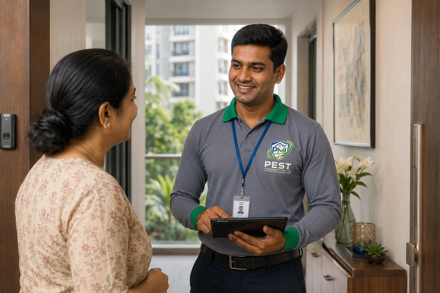 PMI technician discussing an inspection report with a client
